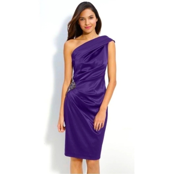NWT Eliza J Purple Satin One Shoulder Beaded Jewel Cocktail Dress Womens Sz 8 - Picture 1 of 14